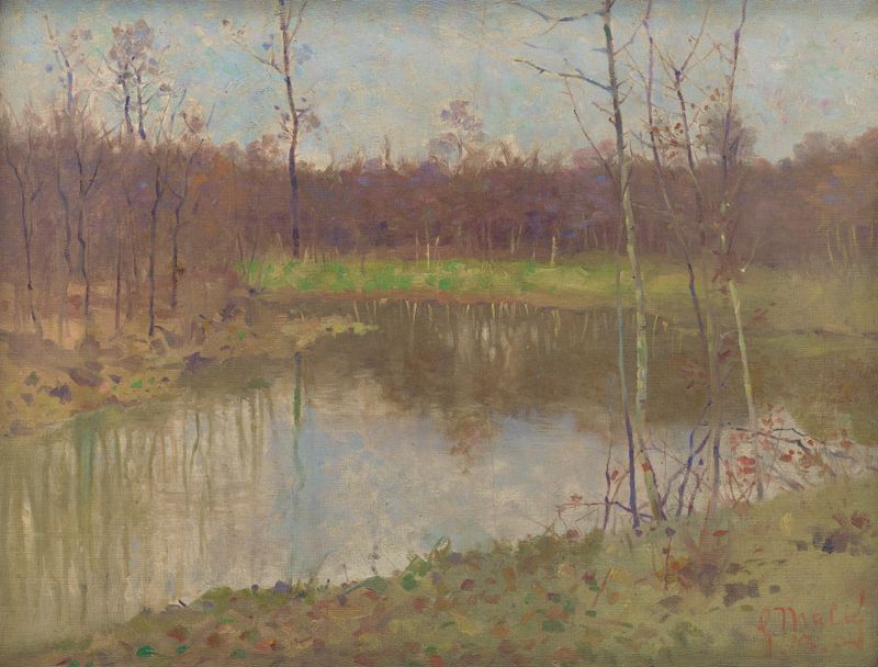 Landscape with a fishpond, oil on canvas by Gustáv Mallý