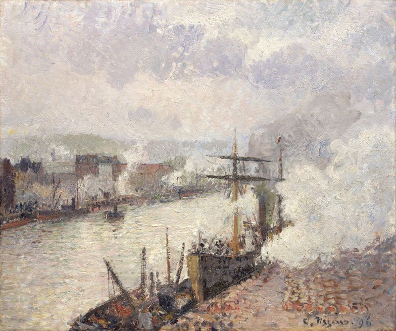 Steamboats in the Port of Rouen de Camille Pissarro, óleo sobre lienzo que representa una escena portuaria.