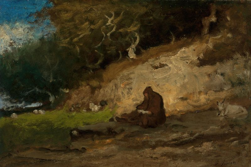 El Ermitaño de George Inness, óleo sobre lienzo que representa a un ermitaño en un paisaje exuberante.