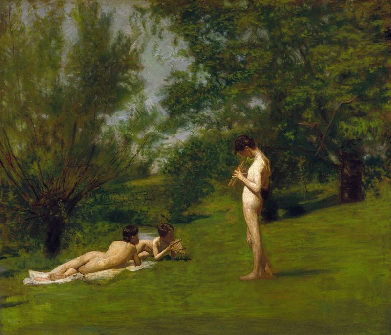 Landscape oil painting by Thomas Eakins featuring figures and golden light