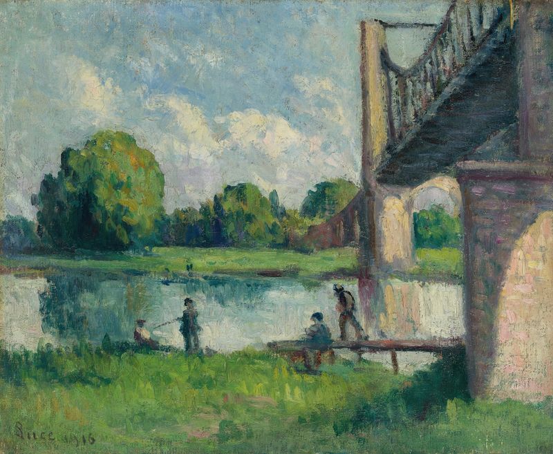 Paisaje de Post-Impresionismo de Maximilien Luce, que representa un río y la naturaleza.