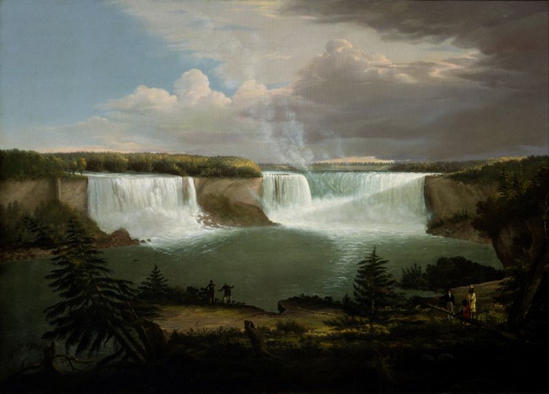 A General View of the Falls of Niagara by Alvan Fisher, oil painting depicting a waterfall and lush landscape.