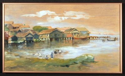 Aquarela de Maria Ulrika Elvira Mellander mostrando crianças brincando perto de casas de barcos.