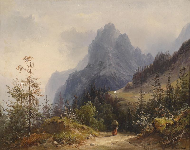 Landscape oil painting by Heinrich Carl Schubert depicting mountains and a luminous sky