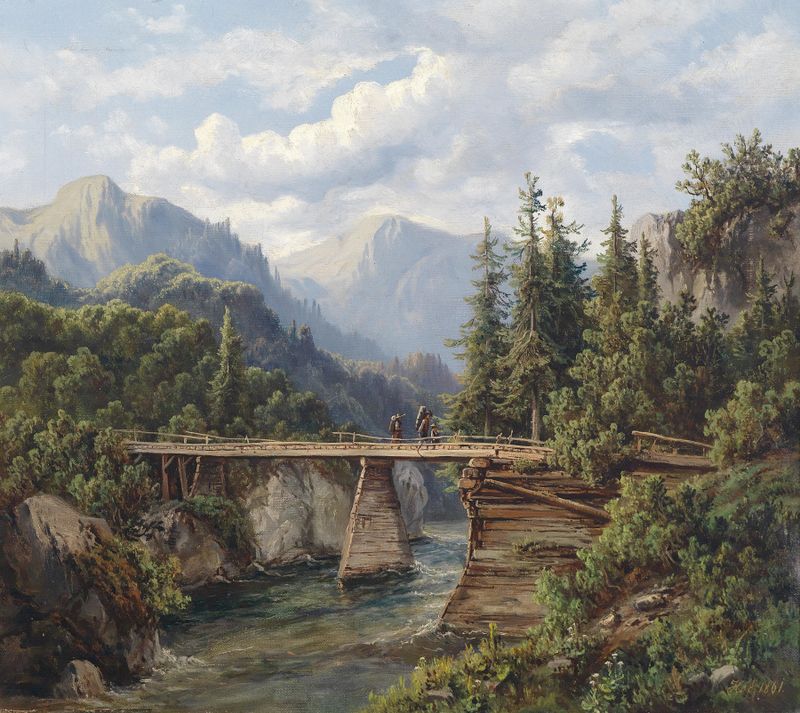 Holzbrücke über einem Gebirgsbach by Edmund Höd, oil on canvas depicting a mountain stream and wooden bridge