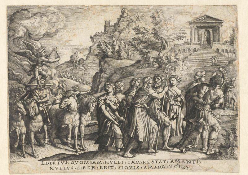 Gravura de Georg Pencz mostrando figuras em um abraço, iluminadas por luz e sombra.