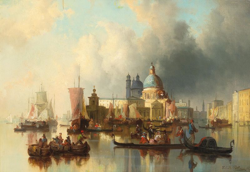 Óleo sobre lienzo de Josef Carl Berthold Püttner que muestra una animada escena del canal de Venecia.