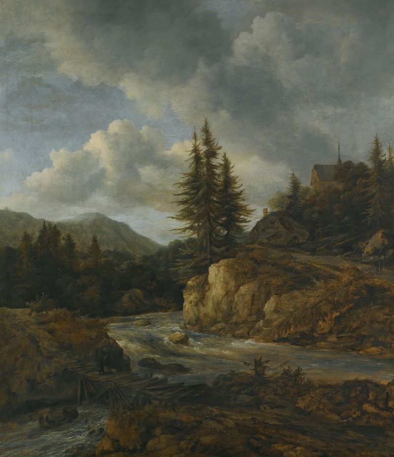 Northern Landscape With A Torrent, oil on canvas by Jacob van Ruisdael, featuring a rushing torrent and forest.