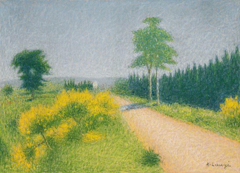 Paisagem de Achille Laugé, apresentando uma estrada sinuosa em cores suaves.