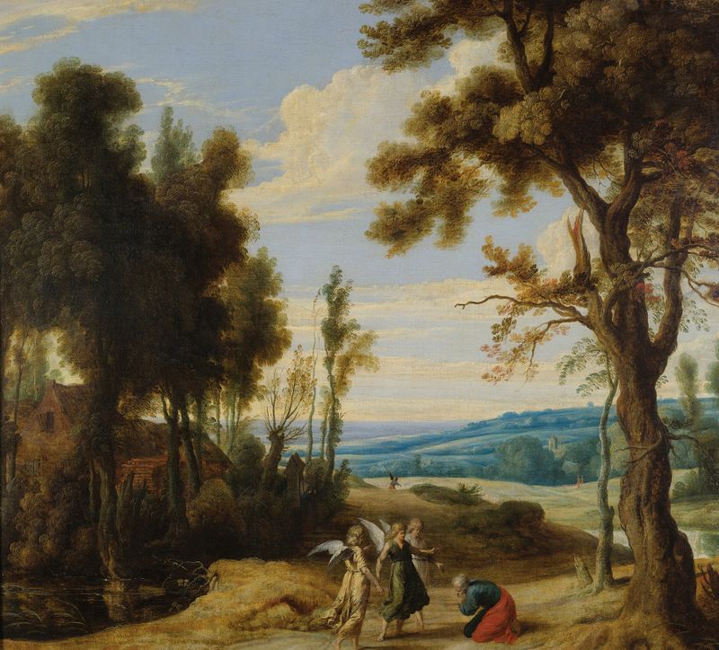 Tobias And The Angel, oil on canvas by Jasper van der Laanen, featuring luminous figures and ethereal light.