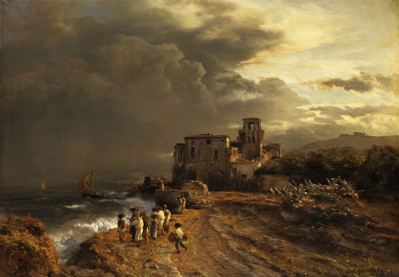 Pintura a óleo de Oswald Achenbach retratando um céu tempestuoso sobre a costa italiana.
