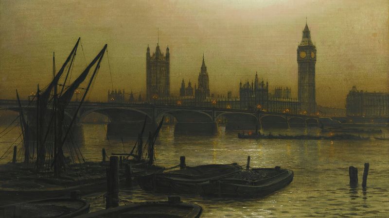 Westminster Bridge with the Houses of Parliament, oil painting by Louis Grimshaw