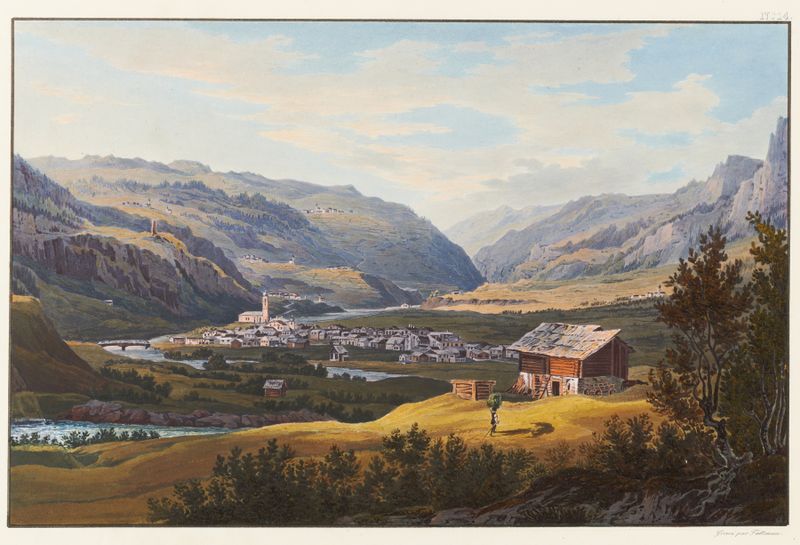 Landscape oil painting by Johann Ludwig Bleuler depicting mountains at twilight.