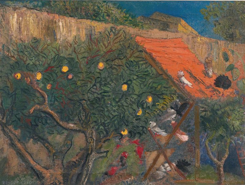 Figurative scene of a woman tending flowers and a man watching, oil painting by Boris Grigoriev