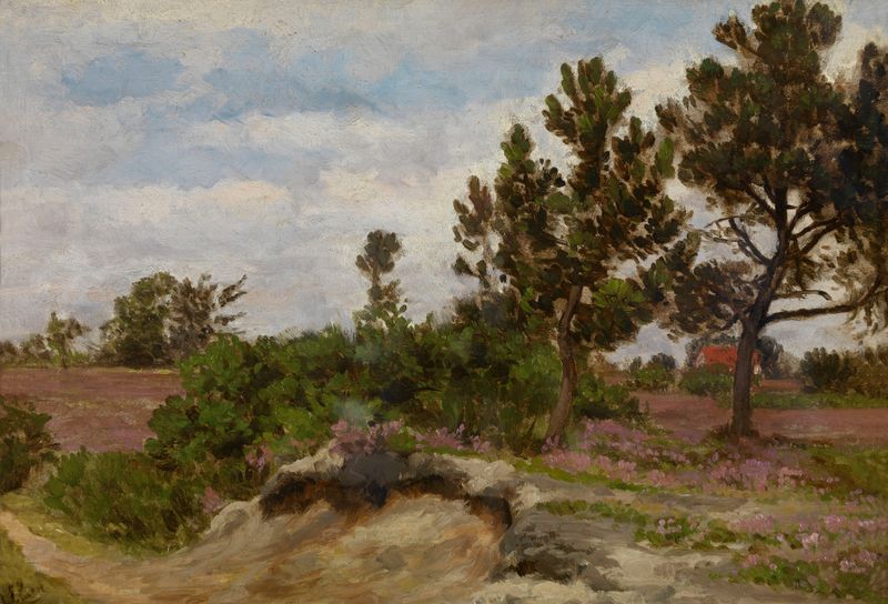 A Dune Landscape by Alfred Elsen, oil on canvas depicting soft dunes and a muted sky.