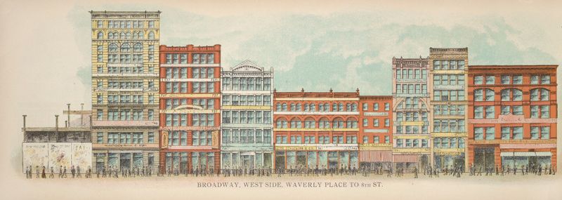 Broadway, West Side. Waverly Place to 8th St. by Mail & Express, impressionism, depicting urban life.