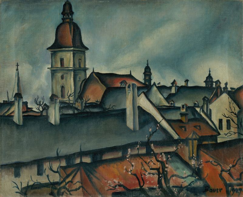 Landscape of Košice's skyline in oil on canvas by Konštantín Bauer