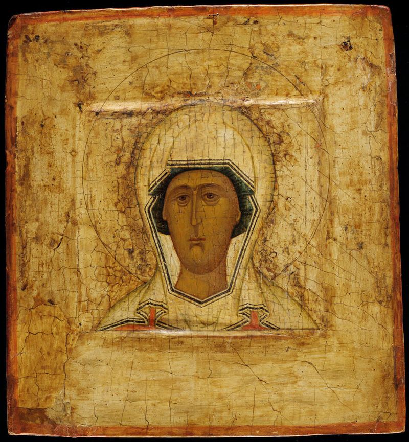 Tempera sobre panel religioso de un artista no identificado que representa una figura triste.