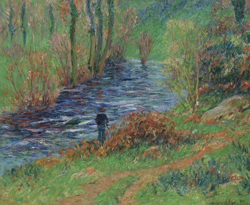 Pêcheur Au Bord De La Rivière, oil on canvas by Henry Moret, depicting a fisherman by the river.