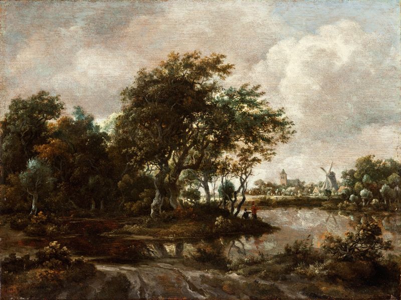 Paisaje con Pescadores y un Pueblo Distante de Meindert Hobbema, óleo sobre lienzo
