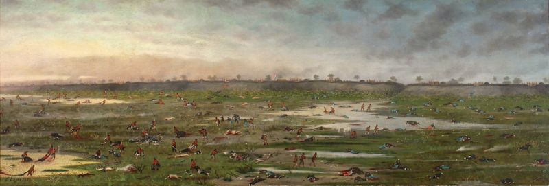 Historical scene of weary soldiers after battle, oil painting by Cándido Lopez.