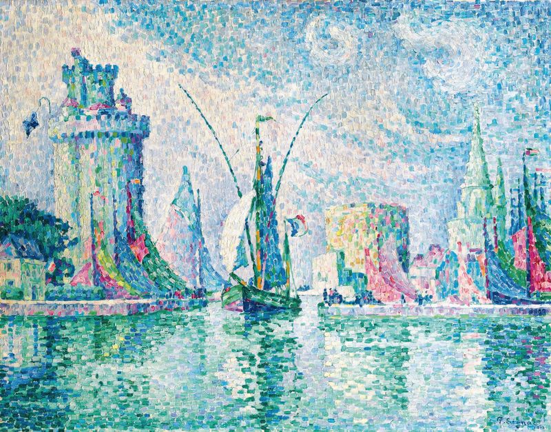Les Tours Vertes, La Rochelle de Paul Signac, pintura a óleo representando torres e água.