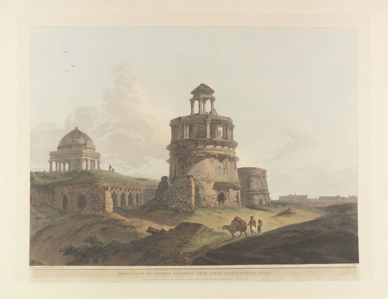 Gravura de Thomas Daniell representando uma paisagem tranquila com água e árvores