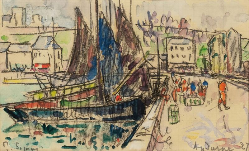 Cena marinha costeira com reflexos vibrantes na água, óleo sobre tela de Paul Signac