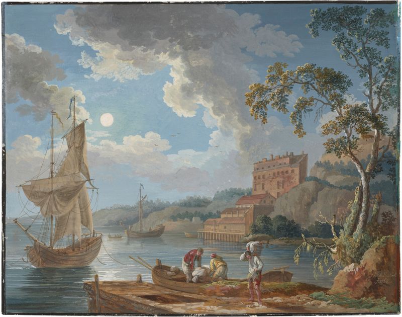 Pintura de paisagem a óleo de Jacob Philipp Hackert mostrando uma fábrica de cerâmica com barcos e pescadores.