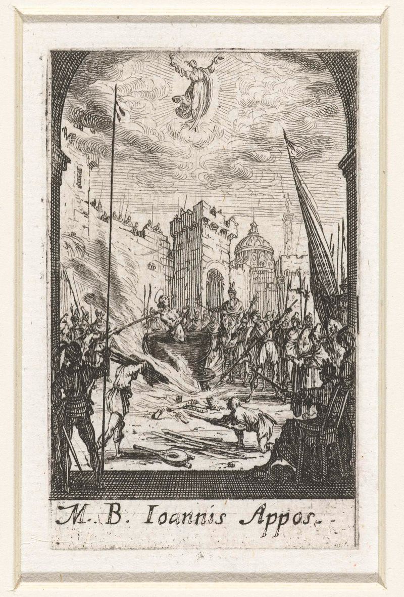Grabado de Jacques Callot que muestra una figura atada en una escena de martirio.