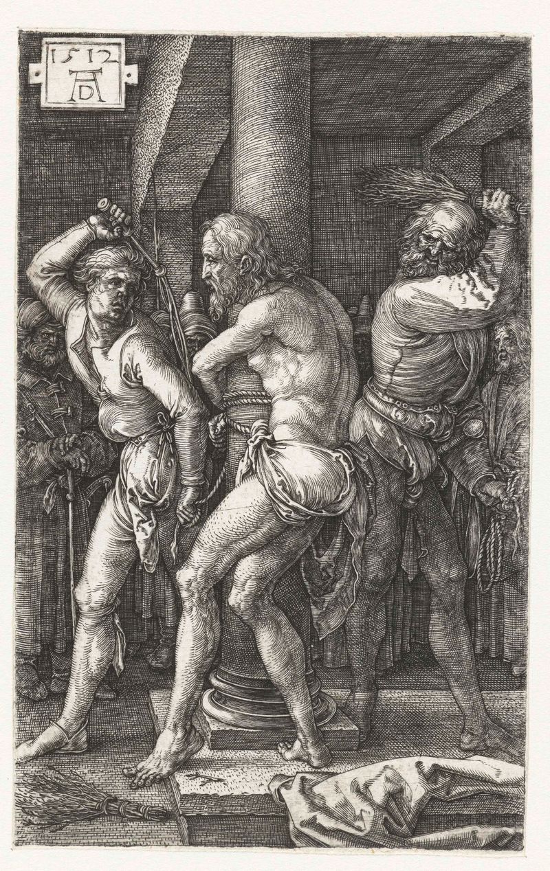 Gravura de Albrecht Dürer mostrando Cristo amarrado e sofrendo em sombra e luz.