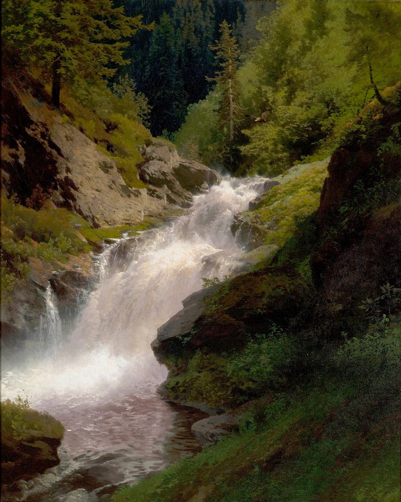 Winona Falls, oil painting by Hermann Ottomar Herzog, depicting a waterfall and rugged rocks.