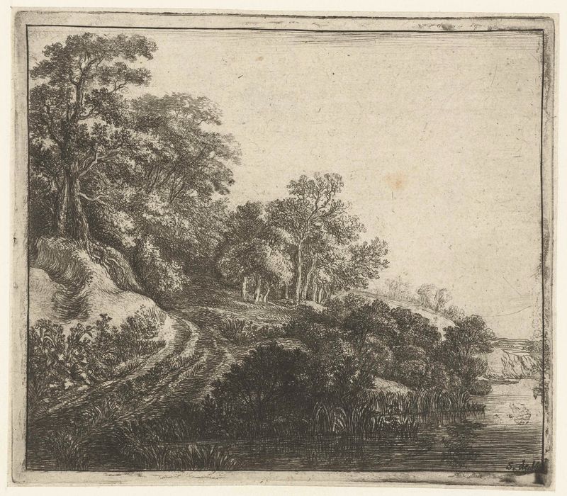 Heuvel met bebossing de Simon de Vlieger, ponta seca de uma colina tranquila e floresta.