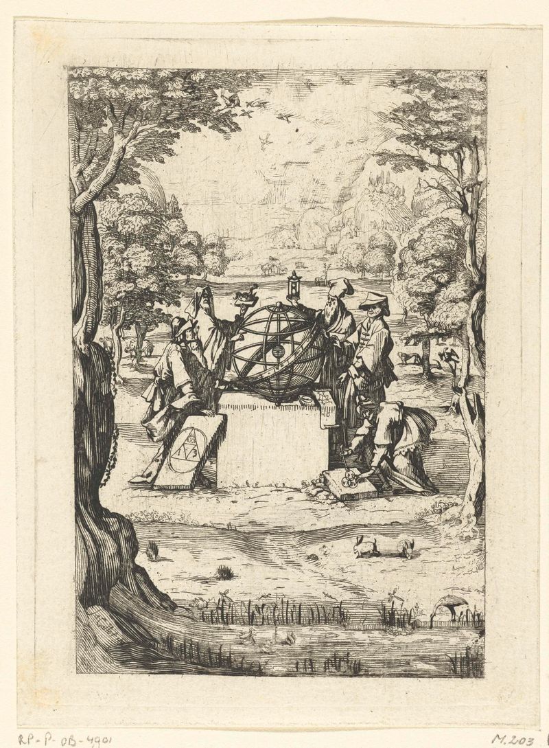 Gravura de Unknown Artist mostrando uma figura gesticulando em direção a um globo celestial.