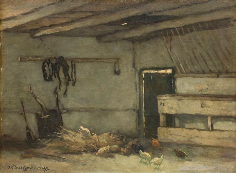 Interior de um estábulo com cavalos, óleo sobre tela de Johan Hendrik Weissenbruch