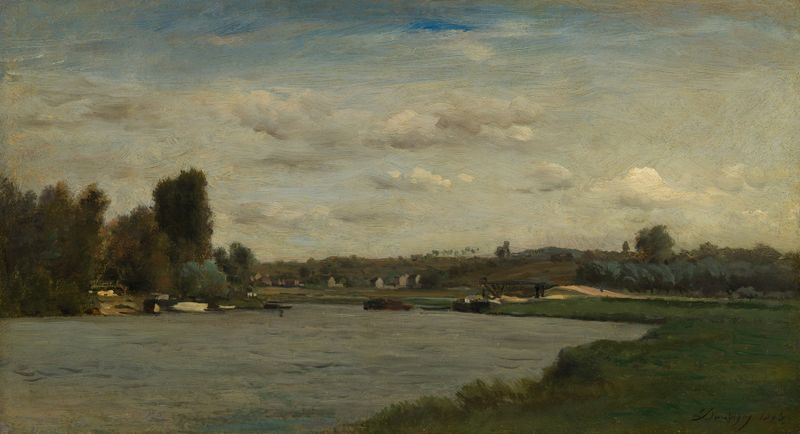 Landscape on a River de Charles François Daubigny, pintura al óleo de un río sereno con suaves orillas y vegetación.