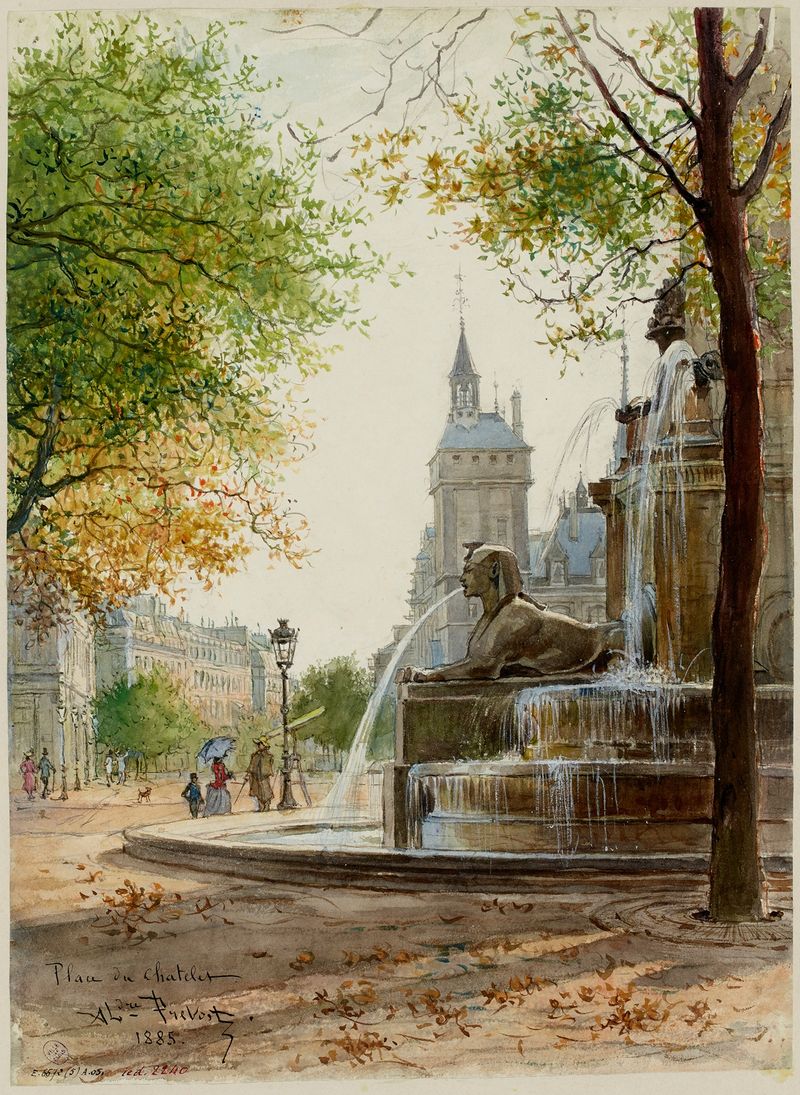 Engraving by Alexandre Prévost depicting a fountain with water flowing, showcasing urban architecture.