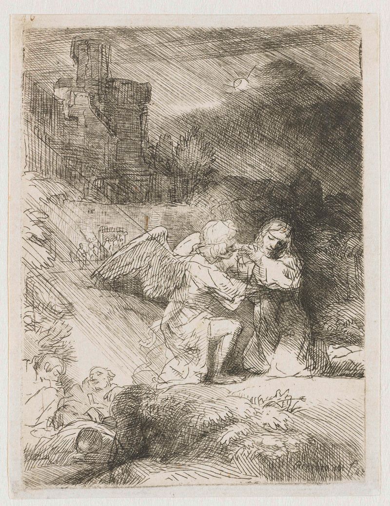 Grabado de Rembrandt van Rijn que representa a una figura arrodillada en un jardín de noche bajo la luz de la luna.