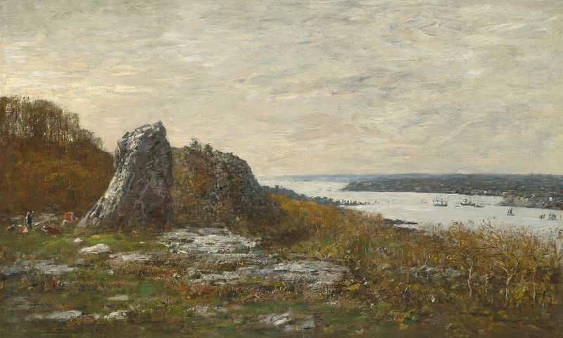 Paisagem com o rio Élorn ao amanhecer, pintura a óleo de Eugène Boudin