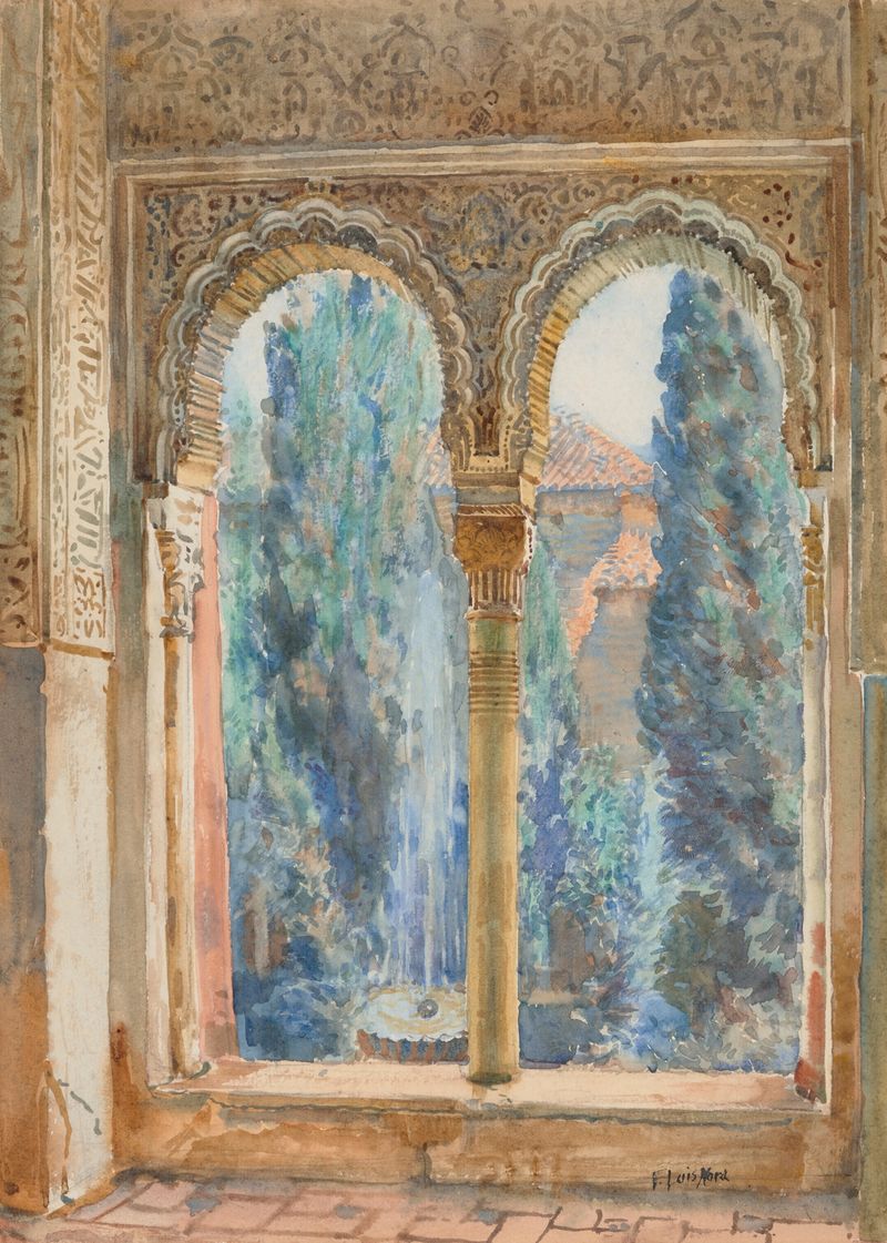 Escena interior de un patio con vides y adoquines, óleo de Francis Luis Mora