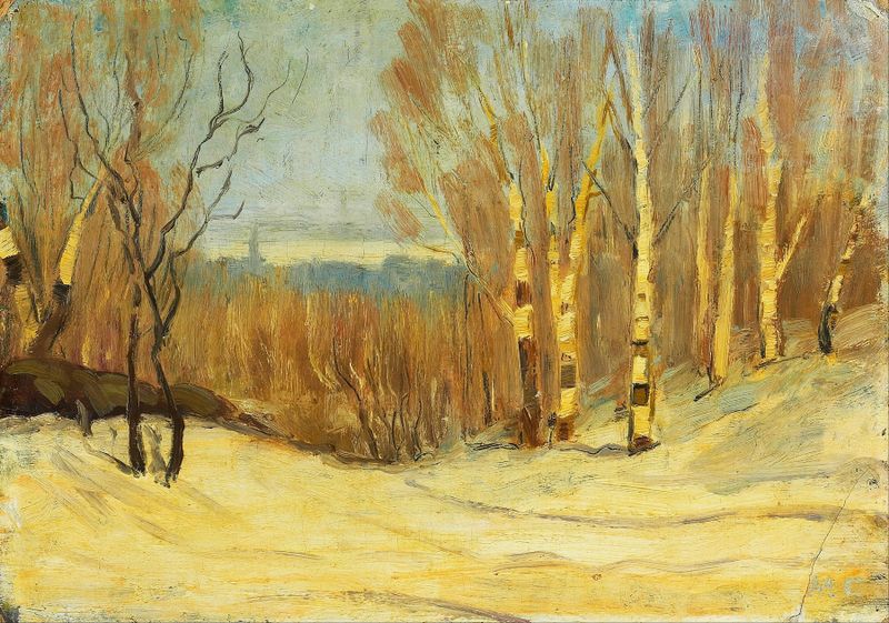 Winter landscape with snow-covered hills by Maurice Galbraith Cullen, oil on canvas