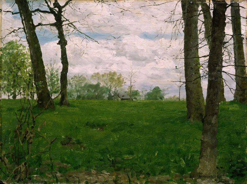 Green Fields by Erik Werenskiold, oil on canvas depicting lush fields and dappled sunlight.