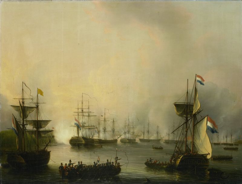 The Bombardment of Palembang, oil on canvas by Martinus Schouman, depicting a chaotic battle scene.