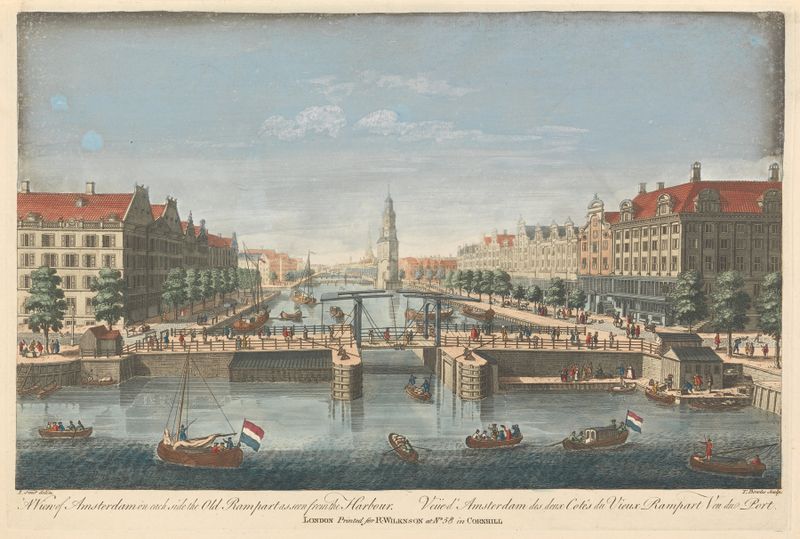A View of Amsterdam de Thomas Bowles III, óleo sobre tela retratando um porto com arquitetura antiga.