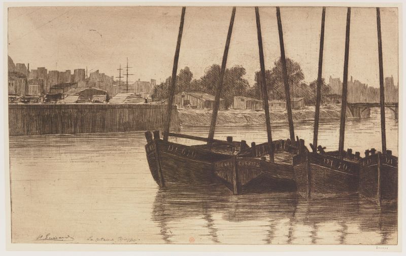 La retenue, Dieppe etching by Henri-Charles Guérard depicting a serene shoreline and sea.