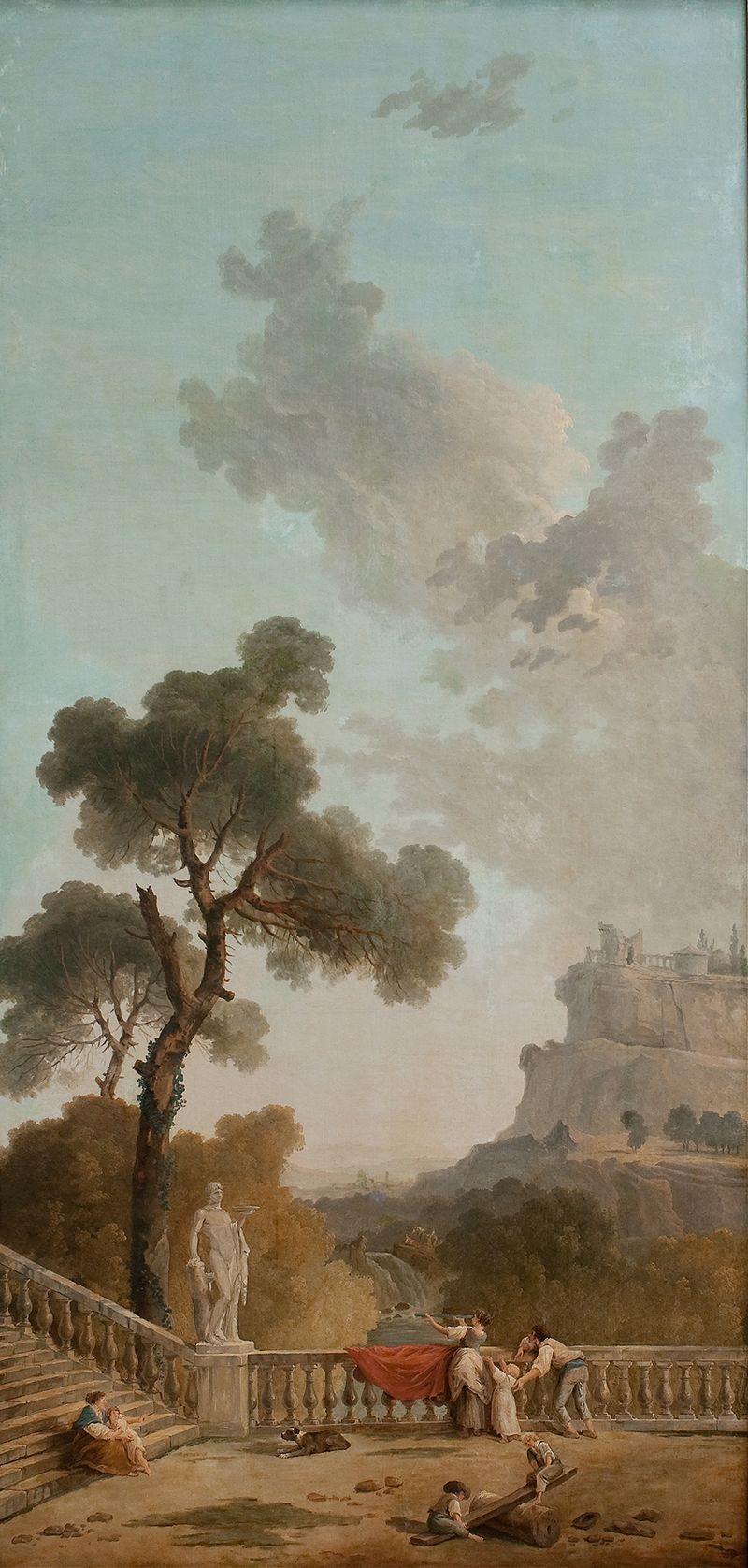 Vista de uma Terraça de Hubert Robert, óleo sobre tela, com flores vibrantes e uma paisagem ensolarada.