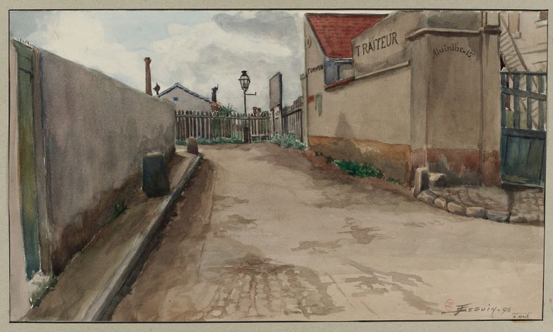 Pintura al óleo de paisaje de F. Séguin que muestra un bulevar con árboles y luz.