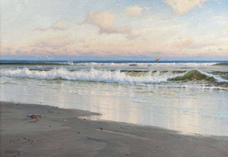 Escena marina con suaves olas y luz solar de Carl Wilhelm Bøckmann Baarth, pintura al óleo