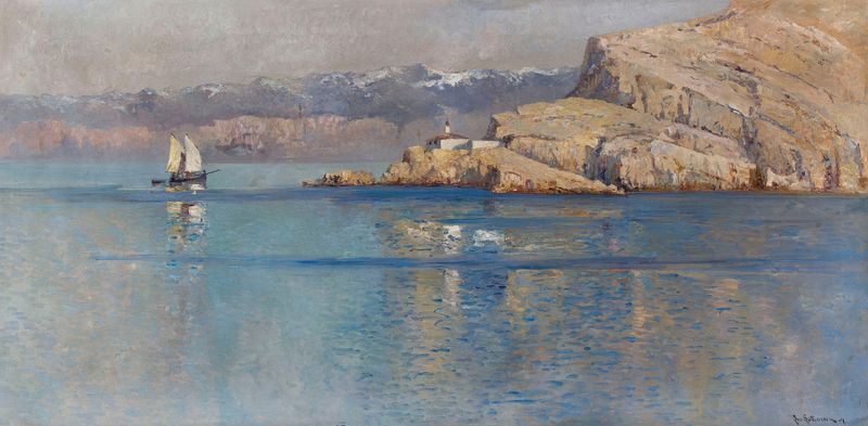 Marine landscape by Leontine von Littrow, oil painting depicting ocean and sky.