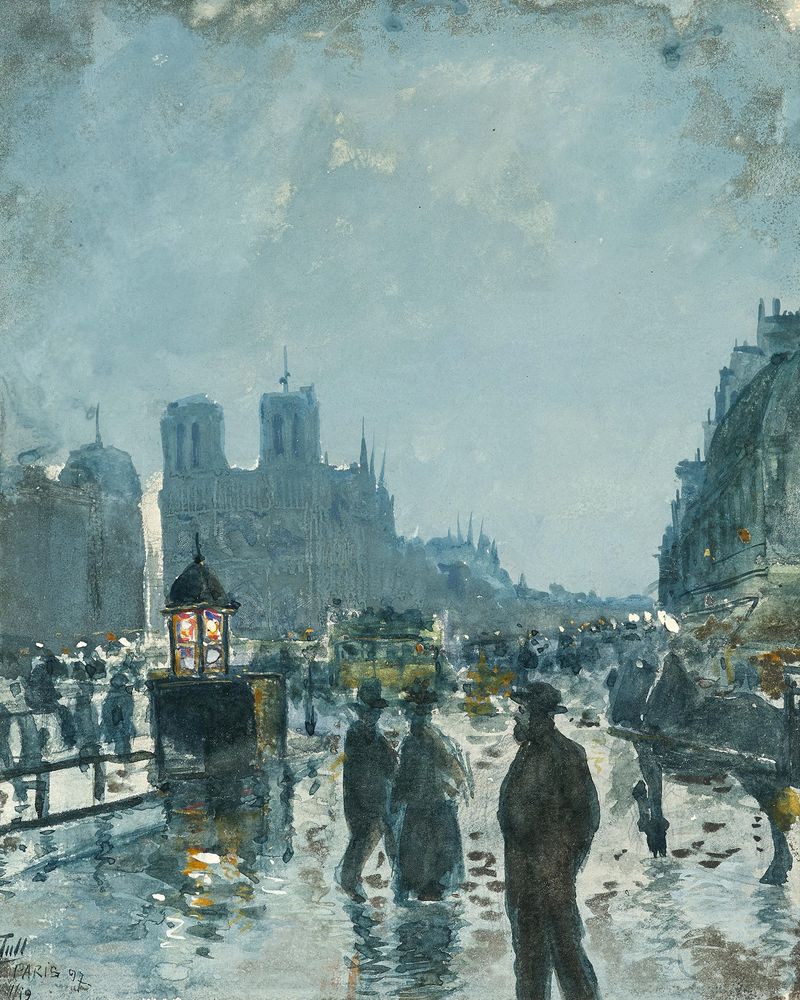 Notre-Dame bajo la lluvia, óleo de Ödön Tull, mostrando la arquitectura histórica y la atmósfera nublada.